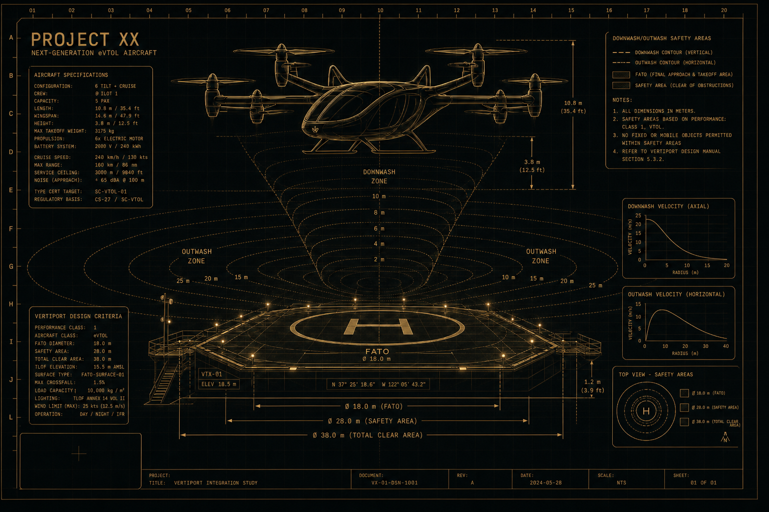 Performance-based vertiport design schematic showing downwash and outwash safety areas for a next-generation eVTOL aircraft