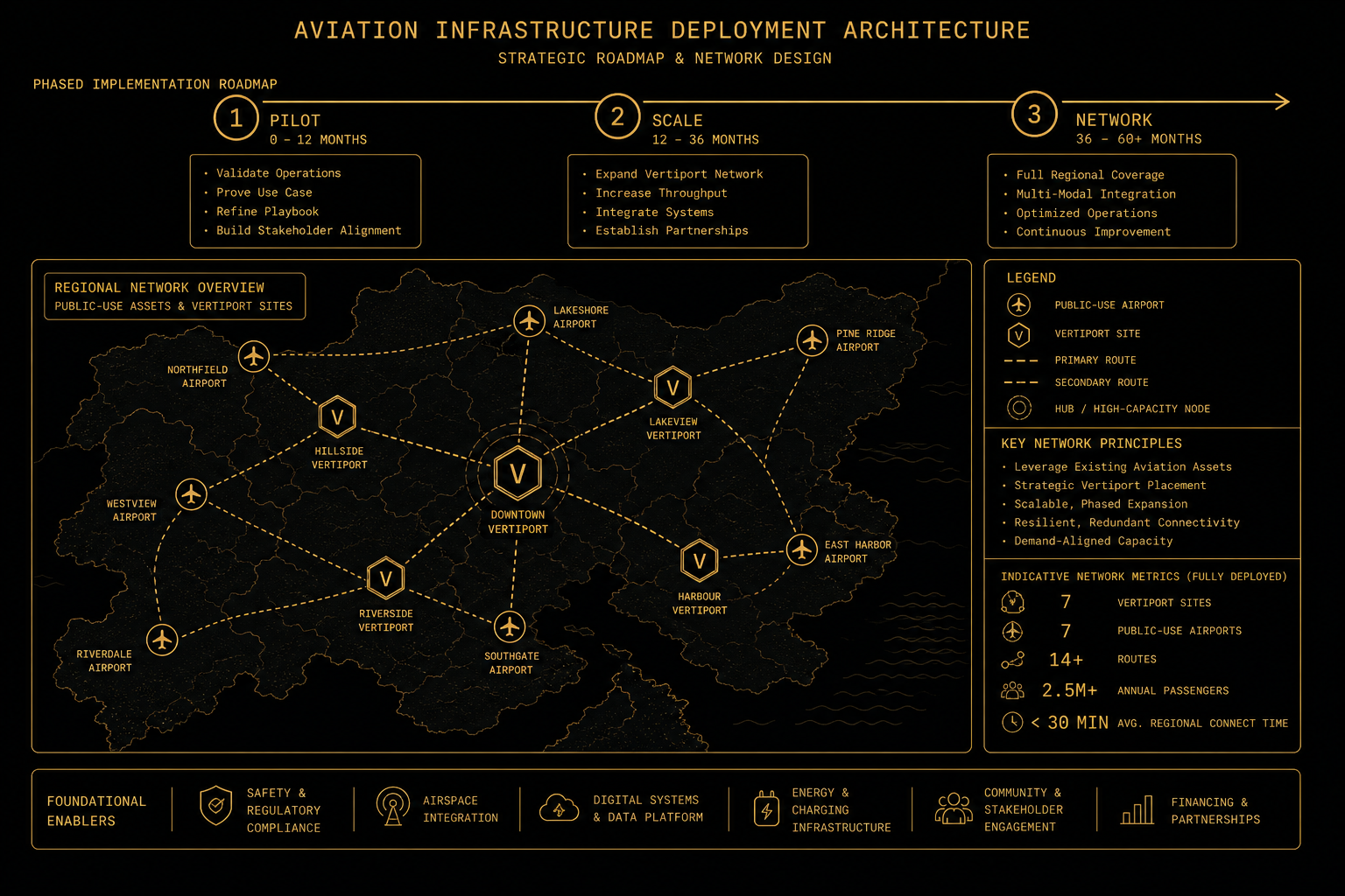 Aviation infrastructure deployment architecture with a phased implementation roadmap and regional network map